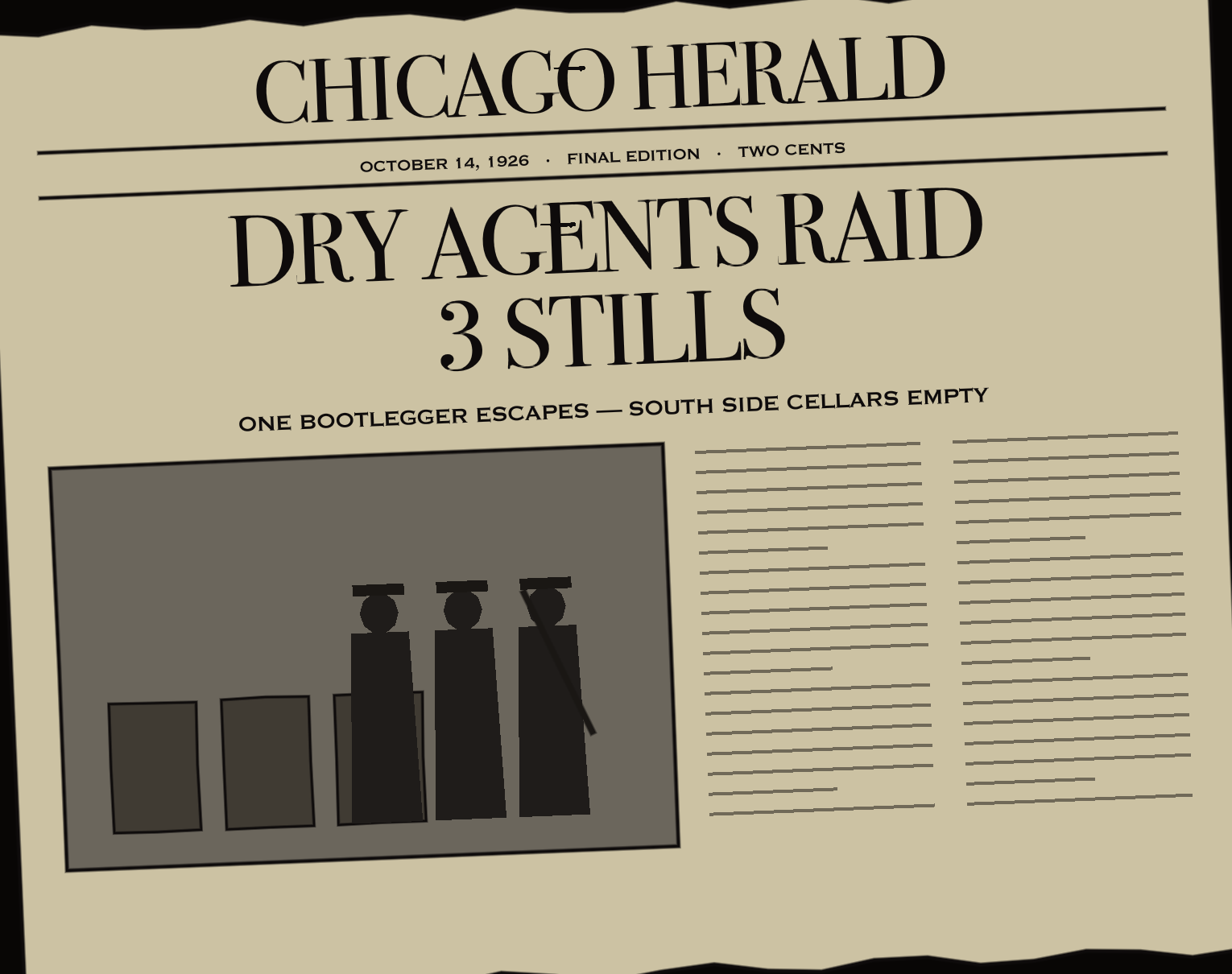 La une du Chicago Herald : des agents de la Prohibition saisissent trois alambics